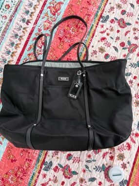Tumi Black Nylon Tote with Leather Trim and Tag